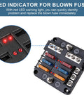 Six Way Fuse Block With LED Indicator 12V Marine Fuse Box For RV Boat Motorcycle And Your Ride 6 Circuit Blade Fuse Block With Waterproof Cover Includes 12 Fuses And Tip Stickers, black 6-slot fuse block with red LED blown-fuse indicators