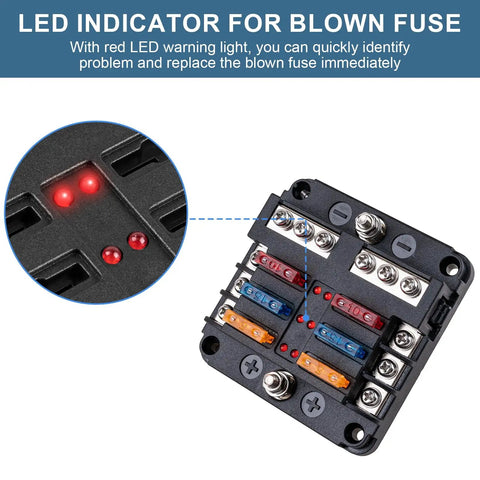 Six Way Fuse Block With LED Indicator 12V Marine Fuse Box For RV Boat Motorcycle And Your Ride 6 Circuit Blade Fuse Block With Waterproof Cover Includes 12 Fuses And Tip Stickers, black 6-slot fuse block with red LED blown-fuse indicators
