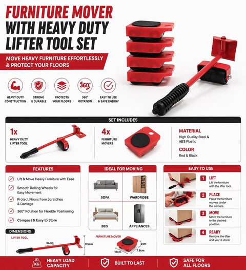 Heavy Duty Furniture Mover Kit With Lifter Tool And 360 Degree Roller Sliders, includes glider discs for easy furniture moving.