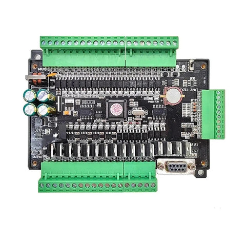 Top view of an Industrial PLC Controller Module with 16 digital inputs, 16 transistor outputs, and RS485 communications.