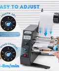 Automatic Label Dispenser For Adhesive Sticker Rolls Delivers Dead Simple Auto Peel And Smart Sensor Counting With Adjustable Speed Settings For Busy Offices And Shipping Rooms showing speed and length control knobs.