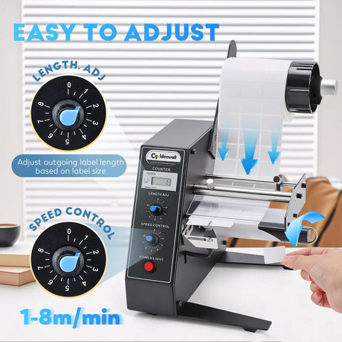 Automatic Label Dispenser For Adhesive Sticker Rolls Delivers Dead Simple Auto Peel And Smart Sensor Counting With Adjustable Speed Settings For Busy Offices And Shipping Rooms showing speed and length control knobs.