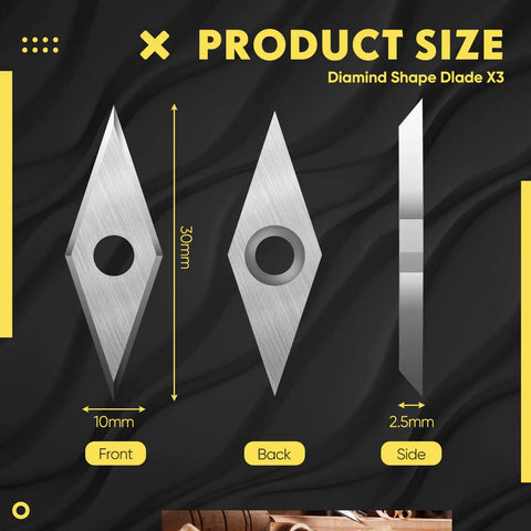 Diamond shape blade from 12 Piece Tungsten Carbide Cutter Inserts Set For Wood Lathe Turning Tools Including 11 mm Square Radius, 12 mm Round, 8.9 mm Round, And 3x1 Cm Diamond Point For Beginners Replacement Kit, showing front, back, and side views.