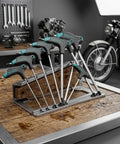 Get Your Hands Dirty With This Tough L Shape Hex Key Set Featuring A Sweet T Handle Design That Lets You Crank Torque Like A Boss For Bike Mods, Car Repairs And Furniture Fixes In No Time At All. 7-piece T-handle hex key set on metal rack
