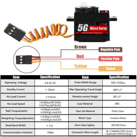 Dope 4 Pack 5G Micro Servo Motors For 1 To 28 RC Cars And Fixed Wing Planes with wiring diagram and specifications chart