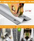 24 Ft V Track Galvanized Inverted V Track for Sliding Gates with Hardware Kit, close-up of track with roller width under 1 inch