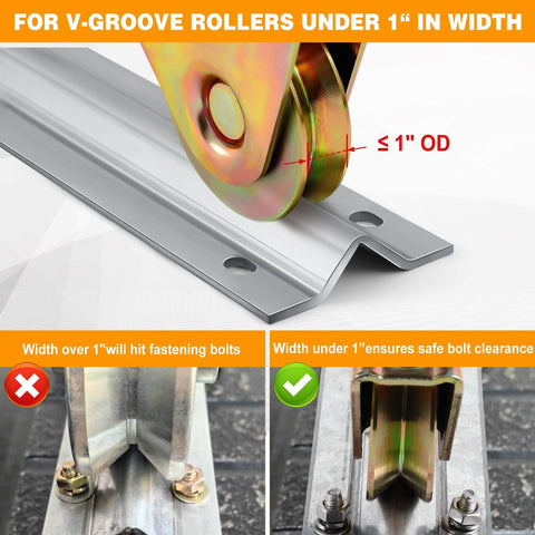 24 Ft V Track Galvanized Inverted V Track for Sliding Gates with Hardware Kit, close-up of track with roller width under 1 inch