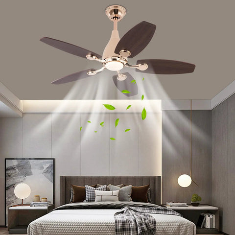 Ceiling Fan with Built-in Light and Handheld Switch, 5 Blades, Modern, featuring a stylish design in a cozy bedroom setting.