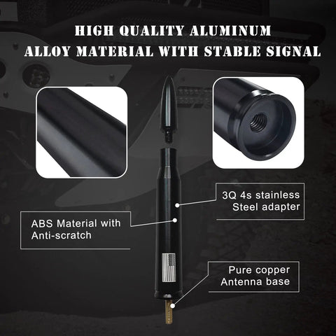 Bullet Antenna For Trucks And SUVs Aluminum Short Mast Black Rugged Upgrade Fits Chevy Silverado 1500 3500 HD GMC Sierra