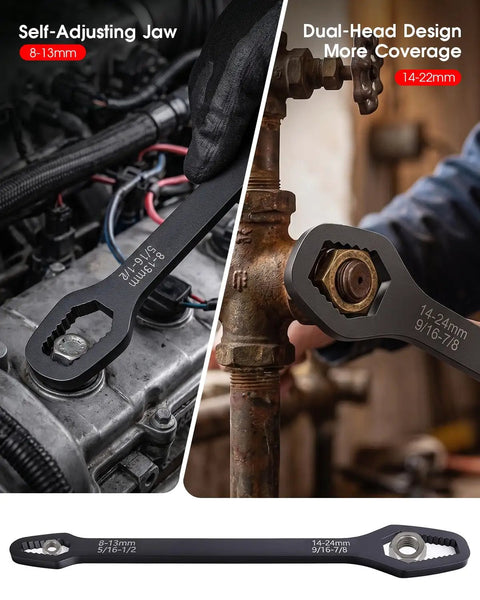 5 Piece Universal Do It All Self Adjusting Wrench Set With Self Locking Double End Torx Wrenches For Auto Repair Home Outdoor Riding One Eighth To One Inch Nut Sizes Durable Chrome Vanadium Steel self-adjusting jaws on engine and pipe fittings
