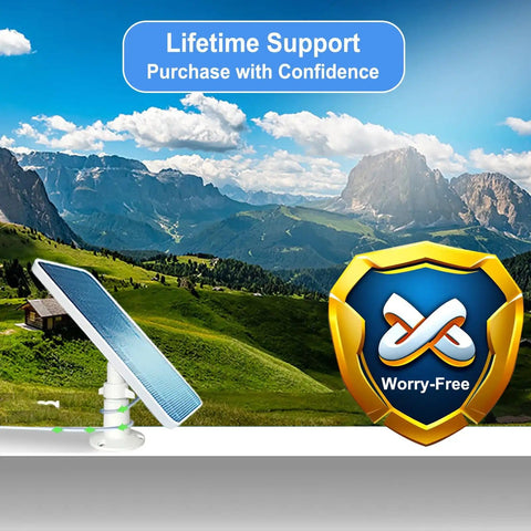 Durable Solar Panel for SimpliSafe Outdoor Camera Series 2 with landscape background and worry-free emblem