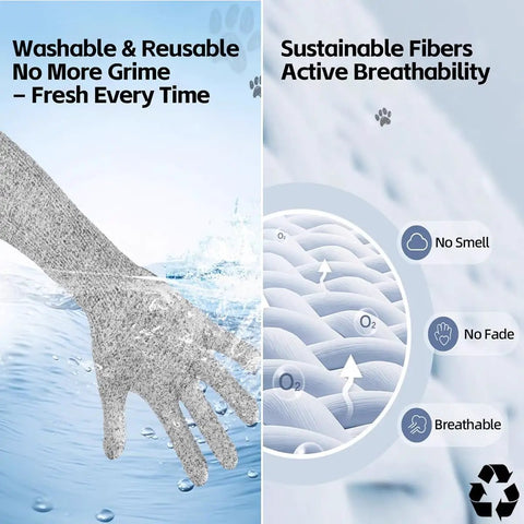 Ultra Flexible Pet Handling Sleeves With Kevlar Fiber For Scratch Resistant Protection During Cat Grooming Nail Trimming And Bathing Breathing High Dexterity Arm Guards 15.7 Inch One Pair showing breathable fibers and washability.