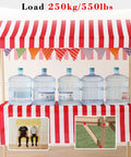 Built Tough Wood Roll Out Food Cart On Wheels With No Sweat Assembly For Street Vendors And Farmers Markets Mobile Market Stall Display Rack For Craft Shows And Weekend Hustle Stands Light Coffee Wood with red and white striped canopy.