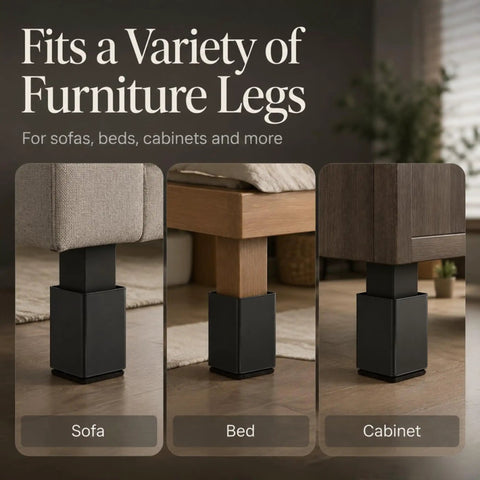 Rock Solid Carbon Steel Furniture Lifters That Dial In Your Level Game Perfect For Any Couch Or Table Pack Of Four Straight Line Black Square Pads With Soft Felt Liners on sofa, bed, cabinet legs.