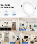 POPANU 6 Inch LED Recessed Light 12 Pack, Canless Wafer Lighting, 6000K White in modern kitchen, living room, and bathroom.