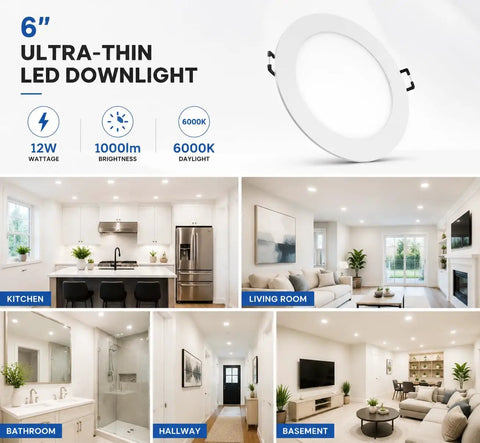 POPANU 6 Inch LED Recessed Light 12 Pack, Canless Wafer Lighting, 6000K White in modern kitchen, living room, and bathroom.