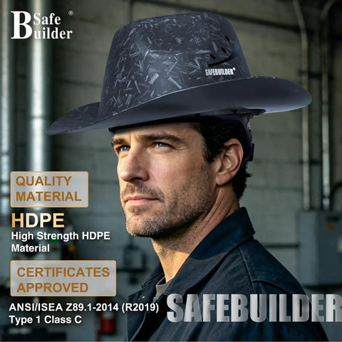 Built Legit Heavy Duty Full Brim Hard Hat Class C Safety Helmet Vented Hdpe Shell Ansi Approved Job Site Essential Head Protection For Men And Women Construction Outdoor Work Black on a man in a work environment.
