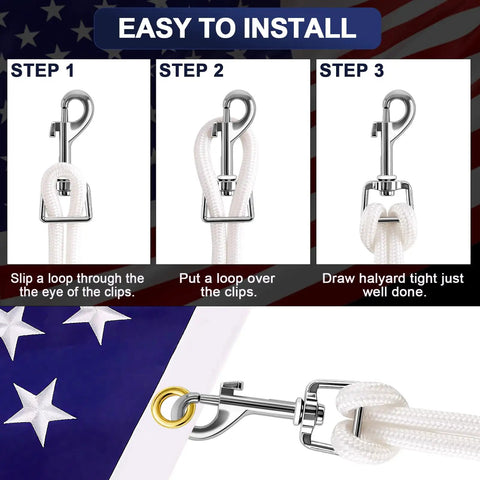 Installation steps for 100 Ft Nylon Flag Pole Rope Kit 5/16 Inch Halyard Replacement With 4 Zinc Alloy Snap Hooks And Clips