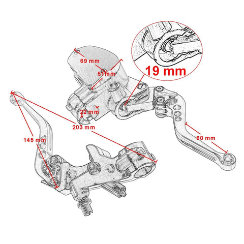 Diagram of Extendable Lightweight Hydraulic Clutch And Brake Lever Set With 22mm Master Cylinder for motorcycles above 800cc.