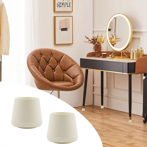 Built Tough White One Inch Round Chair Leg Caps Soft Rubber Floor Savers Anti Slip Furniture Pads near a stylish chair and desk.
