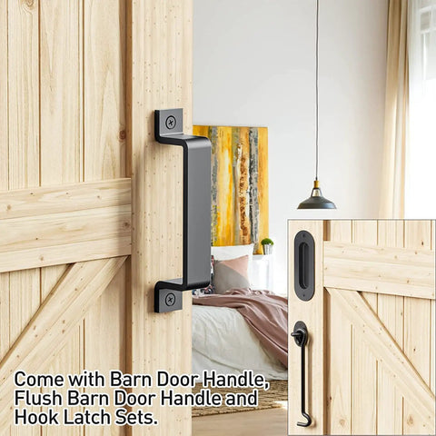 Close-up of Heavy Duty 5Ft Sliding Barn Door Hardware Kit With Door Hook And Two Handles Easy To Install on wooden door