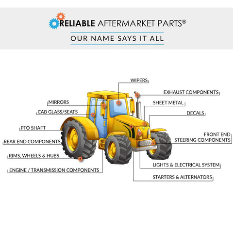 Diagram of a yellow tractor labeled with parts: mirrors, steering, wheels, engine, PTO shaft, exhaust, lights, decals.