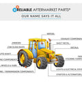 Diagram of tractor with labeled aftermarket parts; Reliable Aftermarket Parts logo at top.