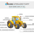 Illustration of a tractor with labeled parts by Reliable Aftermarket Parts, including wipers, exhaust components, and steering components.