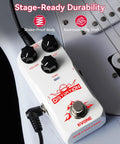High Gain Distortion Pedal For Electric Guitar With Aluminum Enclosure, on a guitar background, with durable knobs.