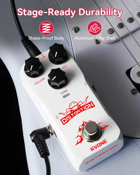 High Gain Distortion Pedal For Electric Guitar With Aluminum Enclosure, on a guitar background, with durable knobs.