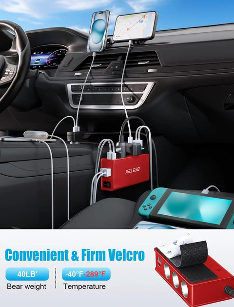 Rig Certified 148W Nine Port Cigarette Lighter Splitter With Pd 30W Qc 3.0 Fast Charge Hub in a car, charging devices with cables.