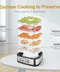 Hassle Free Countertop Electric Food Dehydrator With Five Generous Removable Trays showing fruits, veggies, meat, and herbs.