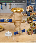Front view of brass check valve assembly with blue lever handles; repair kit for 1-1/4 in pressure vacuum breaker.