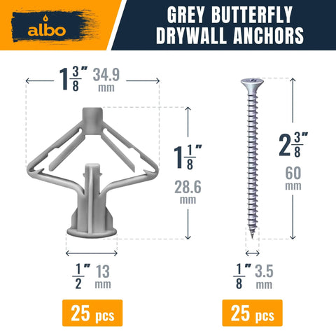 Knockout Drywall Anchor Kit With Screws For Hollow Walls Contains Fifty Grey Plastic Wall Plugs And Bolts, featuring grey butterfly anchors.
