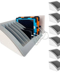 Dope Heavy Duty Six Pack Laptop And Tablet Charging Station With Versatile Desktop Organizer Rack For Up To 15 6 Inch Chromebook MacBook Surface Pro Tech Rig holding tablets with charging cables.