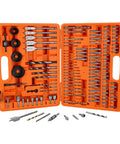 125 Piece Drill And Drive Bit Kit With Hole Saw Sockets for wood, metal, concrete, masonry, plastic in open orange case.
