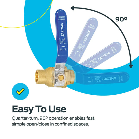 Heavy Duty Full Port Brass Ball Valve 1/2 In Sweat To 1/2 In Sweat Inline Plumbing Valve; showing 90-degree quarter-turn handle.