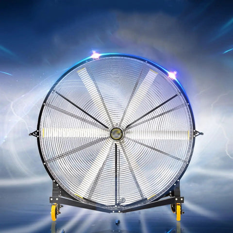Heavy Duty Industrial Floor Fan With Rock Solid Steel Housing Durably Built Aluminum Blades And A Thermally Protected Motor front view on a dark background.