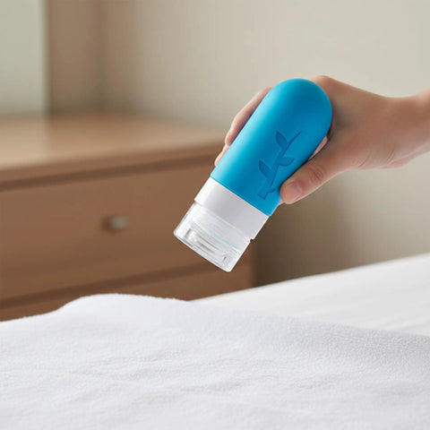 Blue bottle from Carry On Ready Travel Bottles Kit 16 Pack TSA Approved Leak Proof Silicone Squeezable Containers For Toiletries