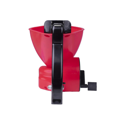 Front view of Red Ergonomic Hand Spreader With Built In Armrest And Trigger For Comfort Adjustable Reel Control Sealed Gearbox