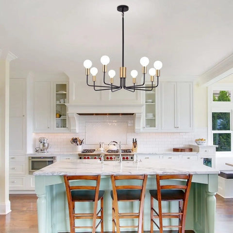 8 Light Sputnik Chandelier Pendant Lighting Fixture In Gold And Black in a kitchen setting above an island
