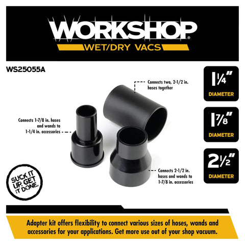 Image of a three-piece wet dry vacuum adapter kit with two and a half inch to one and seven eighth inch and one and seven eighth inch to one quarter inch adapters with hose connector.