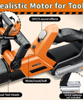 Detail of kid friendly gardening tools set with 2 in 1 lawn mower and leaf blower showing battery area and controls
