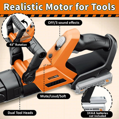 Detail of kid friendly gardening tools set with 2 in 1 lawn mower and leaf blower showing battery area and controls