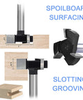 Beefy Spoilboard Surfacing Router Bit For CNC With One Quarter Inch Shank And One Inch Cutting Diameter For Precise Slab Flattening And Planing Replaceable Carbide Insert Blade 3 Flute Design For T Slotting Grooving And Woodworking