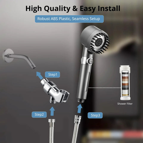 Filtered Shower Head With Handheld For Hard Water High Pressure Experience With On Off Switch And Extra Long Hose Two Filters Gun Grey setup