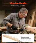 Wood lathe turning chisel with wooden handle used by a craftsman wearing safety goggles.