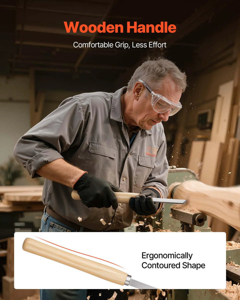 Wood lathe turning chisel with wooden handle used by a craftsman wearing safety goggles.