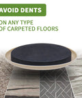 Close-up of a Carpet Furniture Slider on various carpets, highlighting 'Avoid Dents'. Carpet Furniture Sliders 8 Pack 3 And A Half Inch Move Heavy Furniture Effortlessly One Person Setup Protect Your Floors Sofa Couch Legs And Tables No Scratches Easy Glide On Thick Carpets And Rugs.