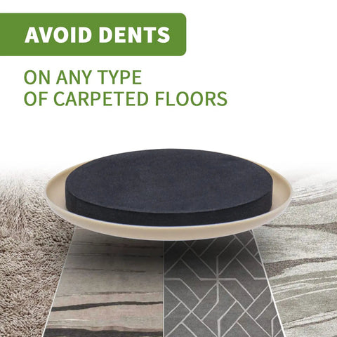 Close-up of a Carpet Furniture Slider on various carpets, highlighting 'Avoid Dents'. Carpet Furniture Sliders 8 Pack 3 And A Half Inch Move Heavy Furniture Effortlessly One Person Setup Protect Your Floors Sofa Couch Legs And Tables No Scratches Easy Glide On Thick Carpets And Rugs.